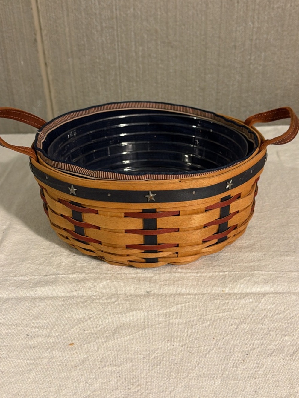 Longaberger Handwoven Tan and Black Woven Serving Basket with Removable Liner